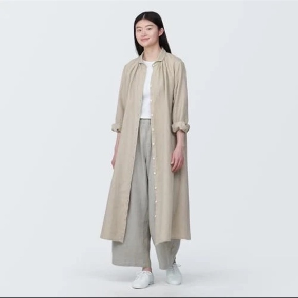 Muji Dresses & Skirts - MUJI Linen Washed Long Sleeve Shirt Dress Natural Color L Minimalist Sustainable